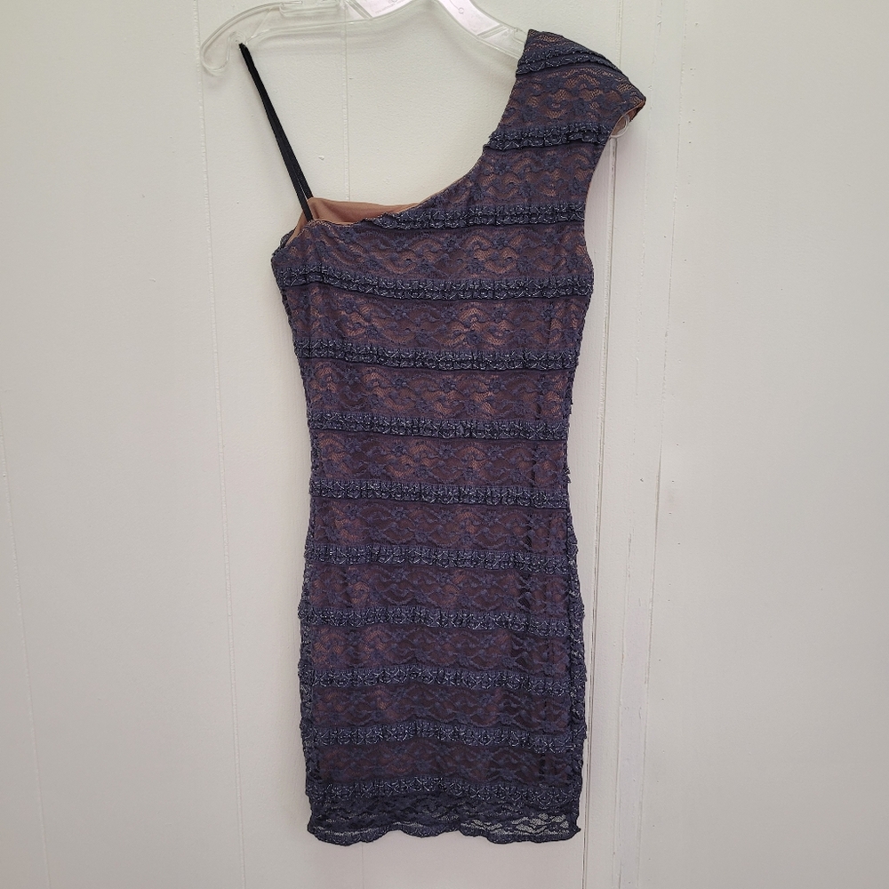 Bloom One Shoulder Metallic Ruffle Lace Mini Dress - Picture 3 of 12